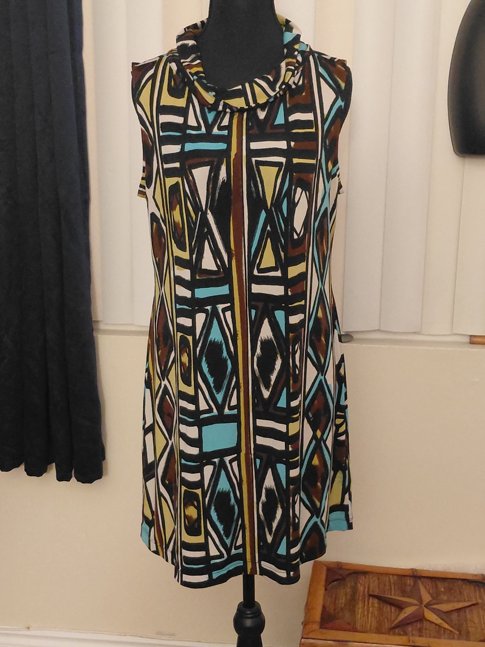 Alfani Sleeveless Geometric Shift Dress in Teal, Brown & Cream